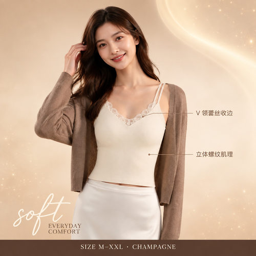 双肩带蕾丝保暖背心女带胸垫免穿文胸一体式内搭打底外穿修身显瘦