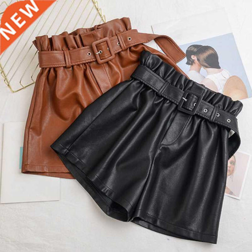 Women 2022 Faux Leather Shorts Vintage High Waist Female Sho