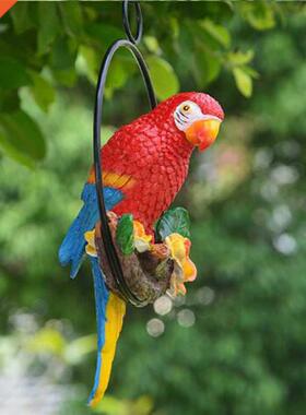 Resin Lifelike Parrot Statue Perch on Metal Ring Birds