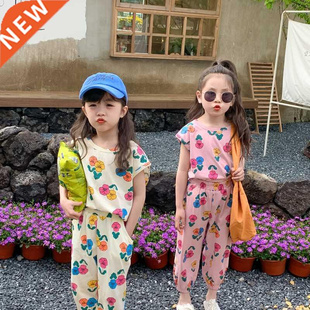 MILANCEL 2022 Summer Girls Set Vest Ninth Pants Loose Flower