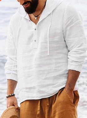 Men Shirts Hooded Solid Color Autumn Long Sleeve Tops Casual