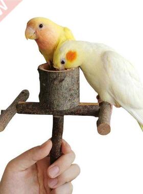 Pet Parrot Bird Standing Stick Wooden Bowl Stand Bird