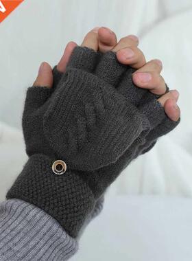 Wool Knitted Fingerless Flip Gloves Winter Warm Flexible Tou
