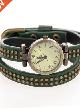 Reloj Redondo Cuarzo Pulsera Cuero Verde Nmeros Romanos Muje