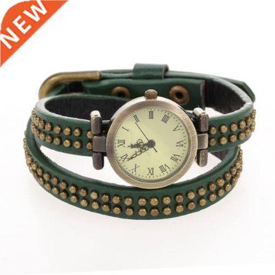 Reloj Redondo Cuarzo Pulsera Cuero Verde Nmeros Romanos Muje