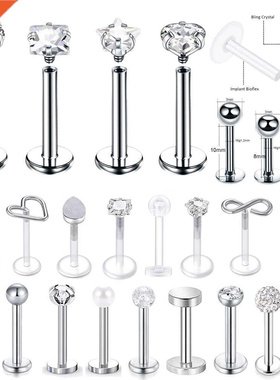 16g Stainless Steel Lip Labret Piercing Crystal Ball Monroe