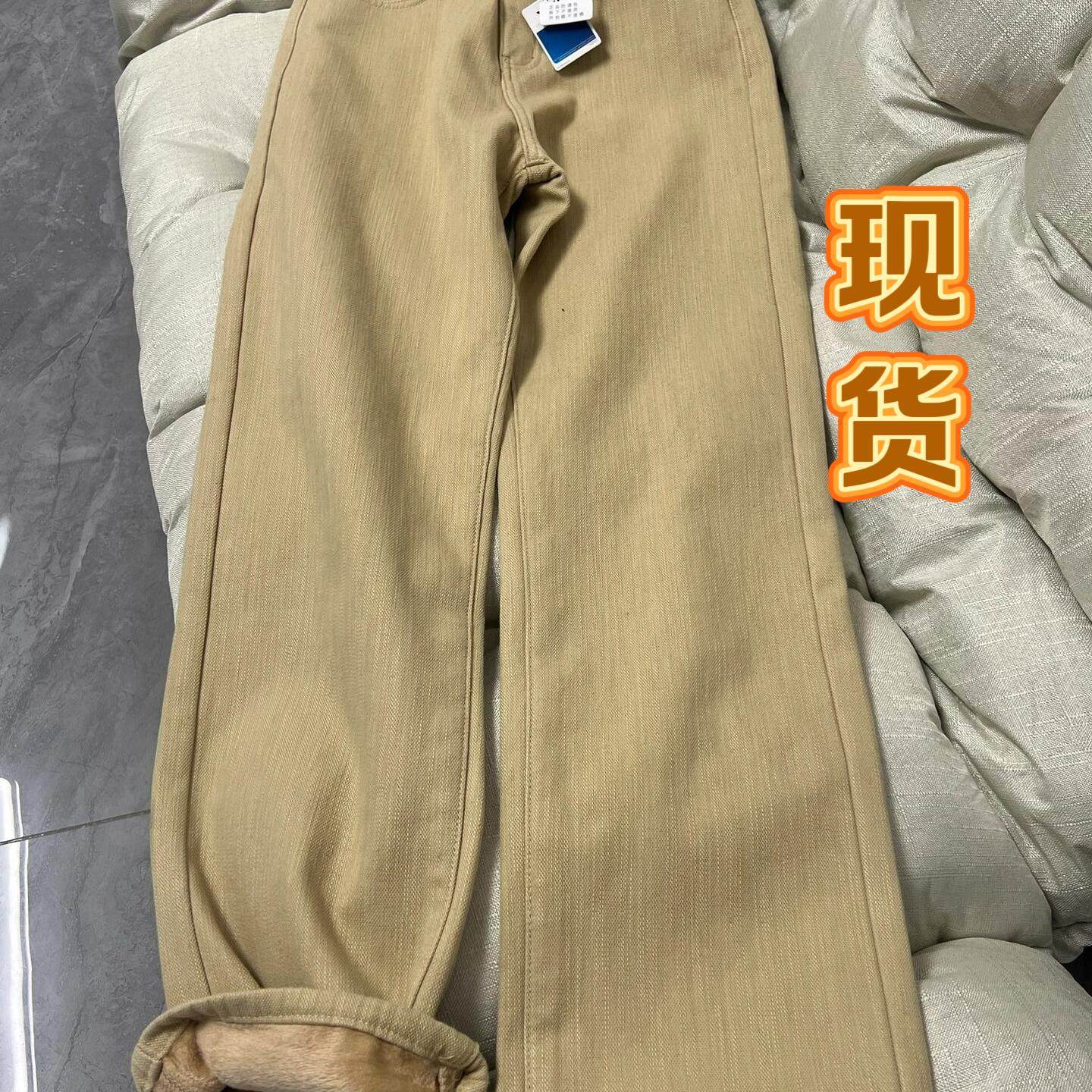 2024秋冬新款加绒加厚浅卡其色牛仔裤女美式高街拖地阔腿直筒裤子