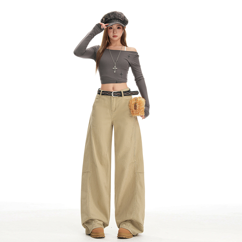 美式复古卡其色牛仔裤女