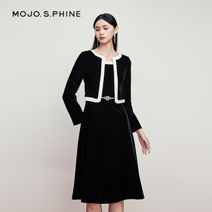 MOJO莫佐法式 假两件优雅撞色层次感长裙 香风丝绒连衣裙2024年新款