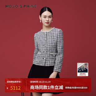 MOJO莫佐2025冬新款 优雅香风短外套女粗花呢复古黑白格纹显瘦上衣