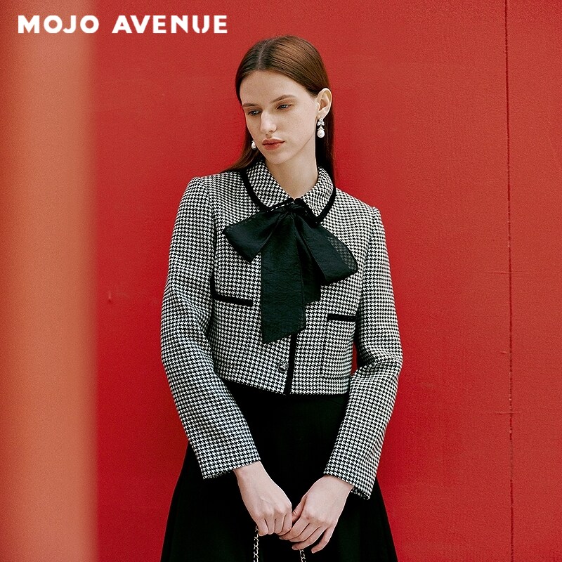 朗姿/MOJO AVENUE莫佐2026春新品复古千鸟格短外套女黑色OL优雅通图片