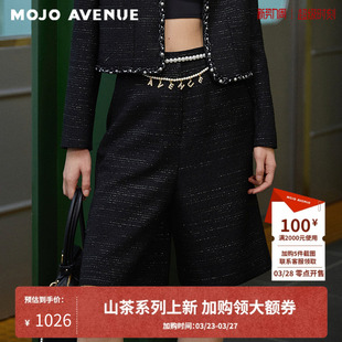 轻奢高腰直筒短裤 MOJO夏新品 朗姿 黑亮丝混纺休闲裤 山茶系列