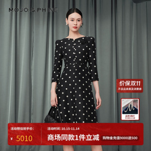 波点连衣裙女优雅高腰线收腰显瘦中长裙 法式 MOJO莫佐2025秋季 新款