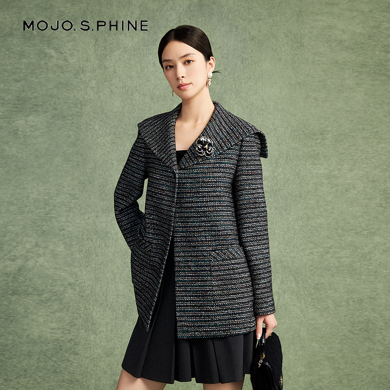 MOJO莫佐浪漫粗花呢中长款外套