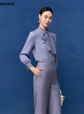 朗姿/MOJO莫佐2026春季新品优雅贵气法式飘带衬衫女紫色通勤浪漫