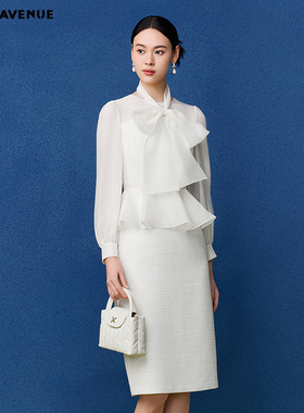 朗姿/MOJO莫佐2026春新品千金感香风假两件连衣裙女聚会晚宴白色