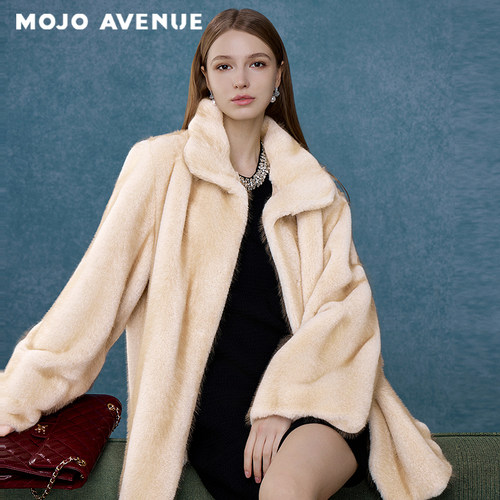 朗姿/MOJO秋新品2026冬日暖阳环保水貂皮草杏色翻领宽松毛毛外套