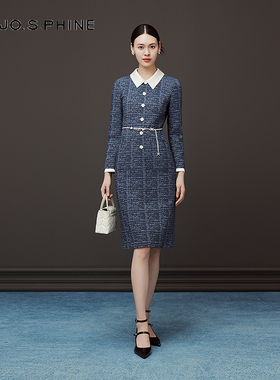 朗姿/MOJO AVENUE莫佐2025冬新款复古蓝色格纹连衣裙女撞色