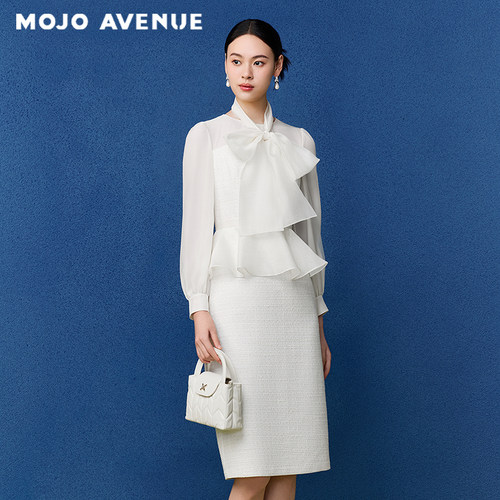 朗姿/MOJO莫佐2026春新品千金感香风假两件连衣裙女聚会晚宴白色