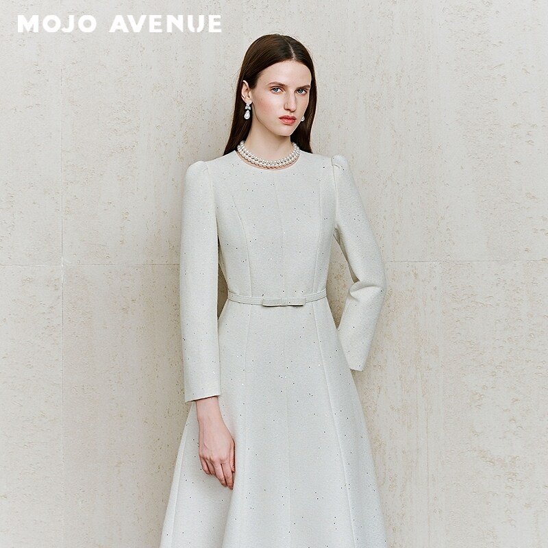 朗姿/MOJO春季新品2026精致花呢连衣裙女米白收腰A摆显瘦长裙