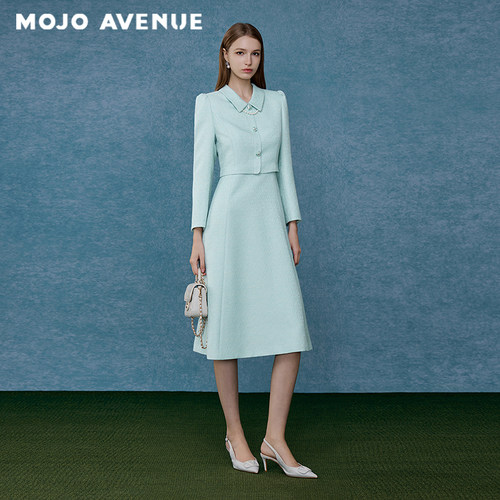 朗姿/MOJO秋新品2026薄荷漫波千金小香风假两件连衣裙女职场A字裙