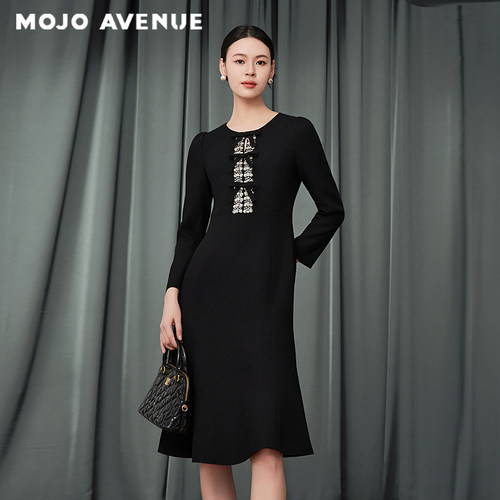 朗姿/MOJO AVENUE莫佐简约重磅钉珠收腰连衣裙优雅气质修身