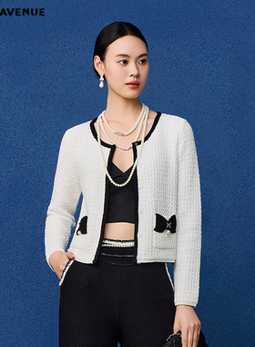 朗姿/MOJO新品2026千金名媛小香风针织开衫白色撞色通勤约会上衣