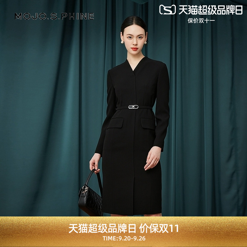 MOJO莫佐2025秋新款气质V领连衣裙女职场精英收腰显瘦长袖连衣裙