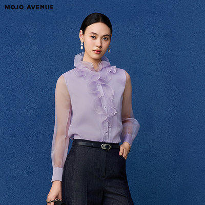 朗姿/MOJO莫佐2026春新品法式浪漫宫廷风衬衫女欧根纱荷叶边