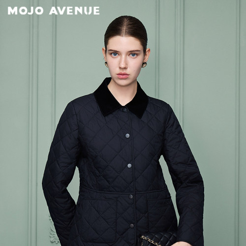 朗姿/MOJO莫佐格菱绗缝老钱风翻领棉服外套2026新品冬轻薄夹克黑