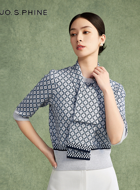 朗姿/MOJO莫佐复古提花短袖针织衫2024秋季新款温柔气质保暖