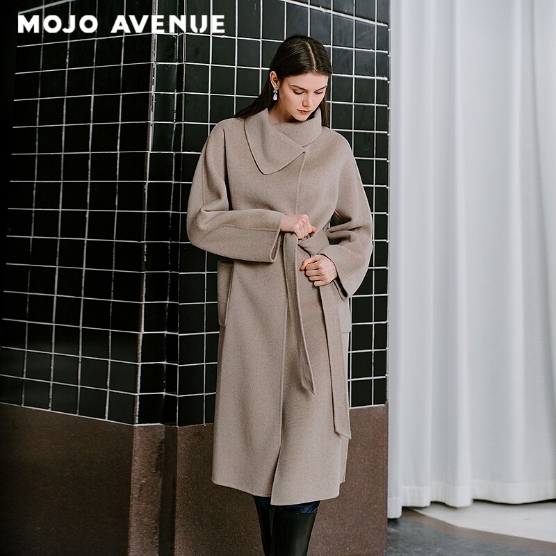 朗姿/MOJO AVENUE莫佐2025冬新款静奢老钱风羊毛大衣女立领廓形米