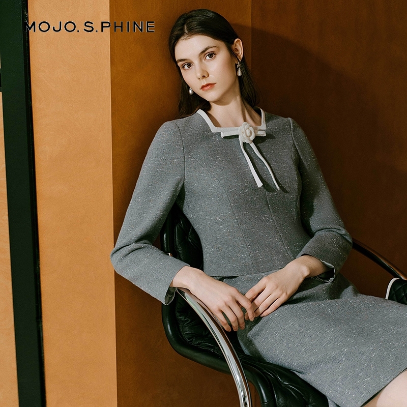 MOJO莫佐2025新款格雷系名媛小香假两件连衣裙女秋冬修身智感灰色