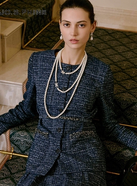 朗姿/MOJO AVENUE莫佐2025冬新款优雅蓝色格纹小香风外套女