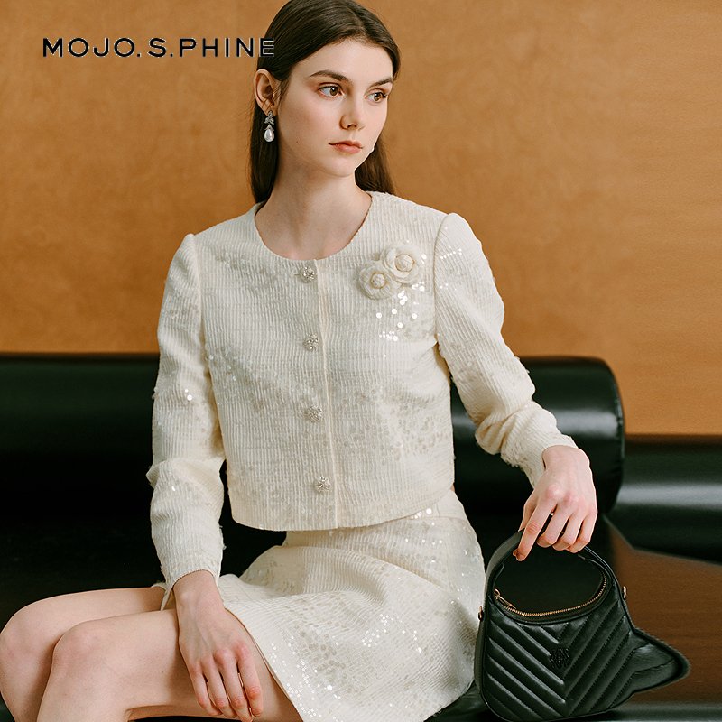 MOJO莫佐2025新款时尚亮片短外套女千金感亮片刺绣轻礼服短款上衣