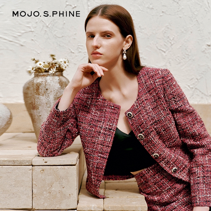 MOJO莫佐2026春新品轻奢粗花呢半身裙女红色显瘦包臀半裙朗姿集团