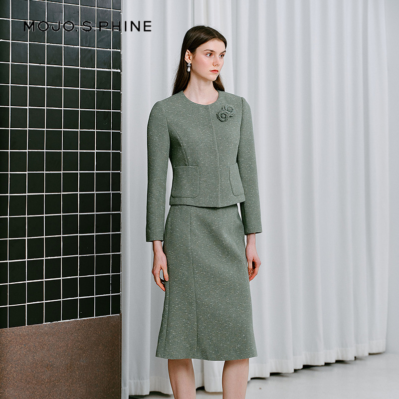 MOJO莫佐2025冬新款优雅小香风半身裙女艺术花园绿色包臀鱼尾半裙