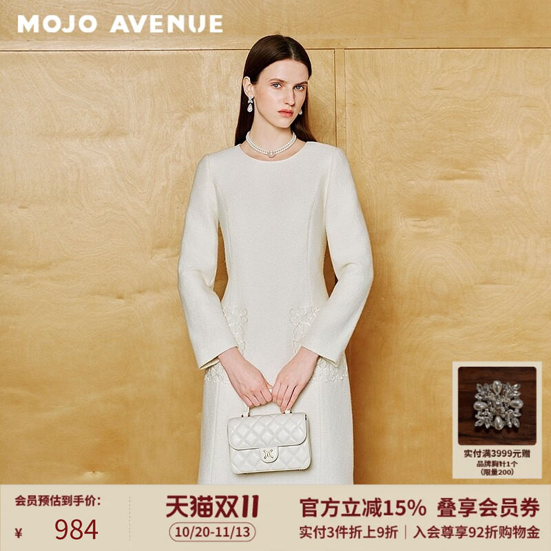 朗姿/MOJO AVENUE莫佐2026春新品简约蕾丝花纹白色收腰连衣裙女通