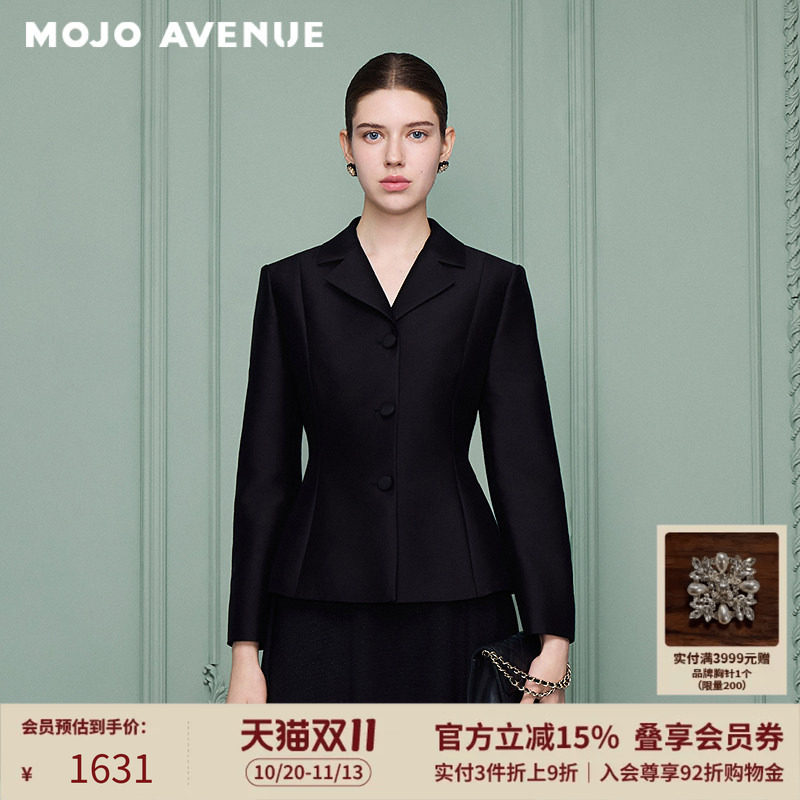朗姿/MOJO莫佐2026冬新品羊毛混纺收腰西装外套黑职场OL极简收腰