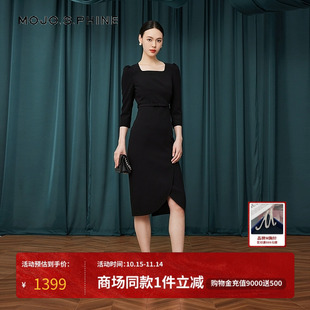 MOJO莫佐2025秋新款 职场OL黑色连衣裙女优雅方领开叉气质通勤裙子