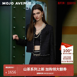 MOJO夏新品 朗姿 千金小香风短外套轻奢黑色亮丝混纺 山茶系列