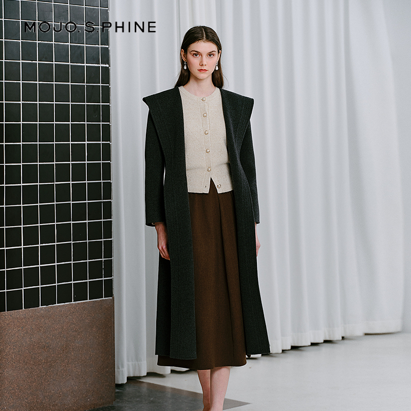 MOJO莫佐2025新款老钱风静奢羊毛大衣女松弛感气质连帽双面呢大衣