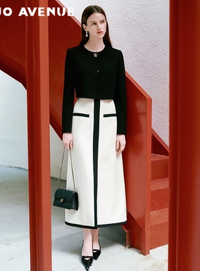 朗姿/MOJO莫佐2026春新品千金感小香风半裙黑白撞色通勤高腰长裙