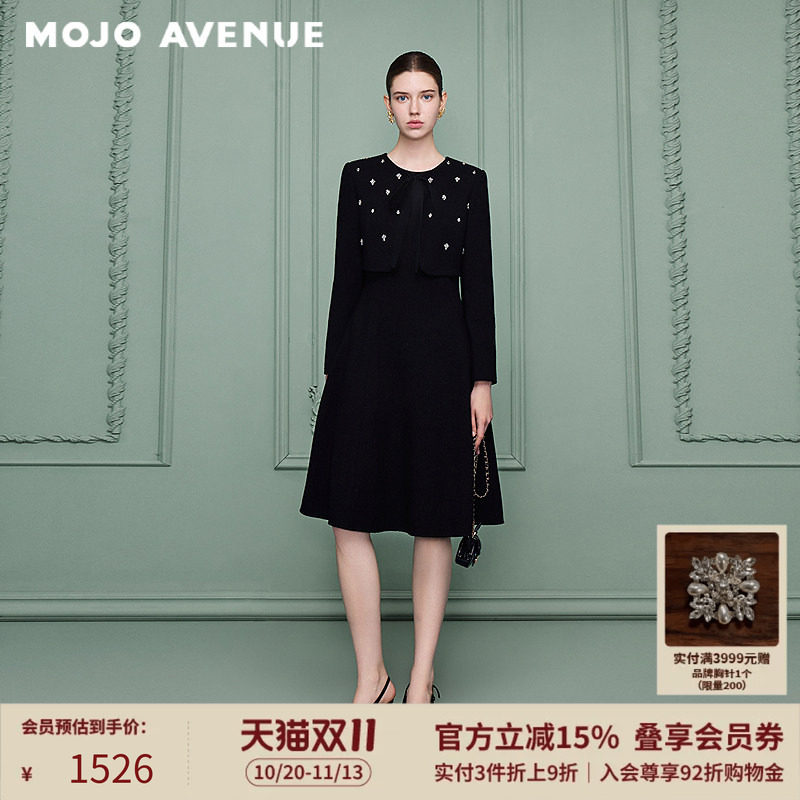 朗姿/MOJO冬新品2026千金名媛假两件连衣裙黑色披肩式珠钻礼服裙
