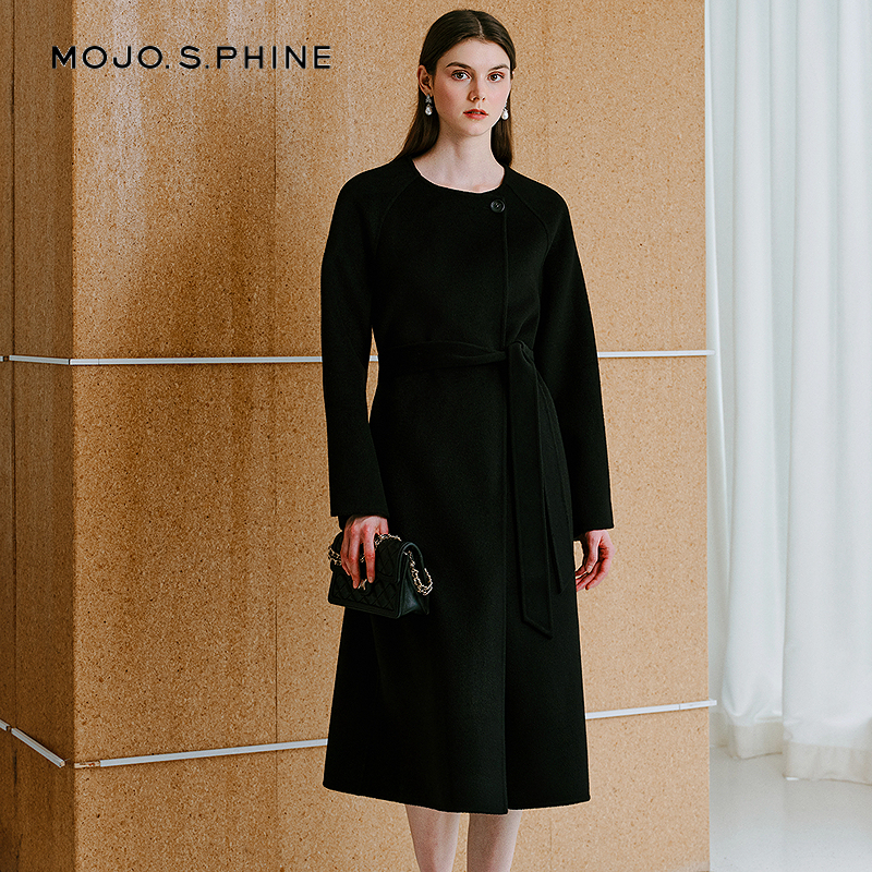 MOJO莫佐2025冬新款高奢优雅浴袍式羊毛大衣女气质圆领松弛感大衣