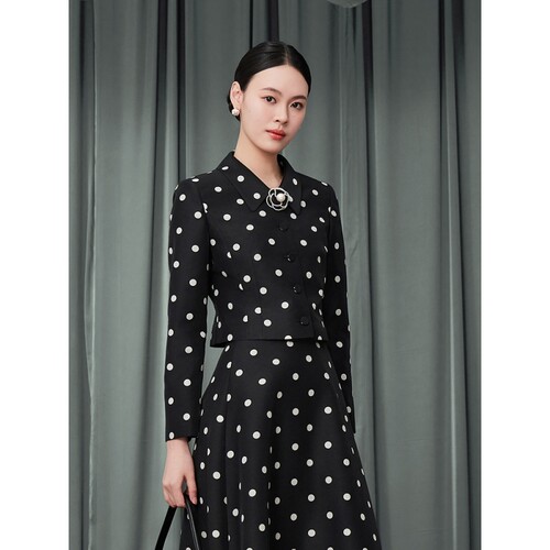 【舒心】朗姿/MOJO莫佐2025新款法式波点短外套女黑白撞色翻
