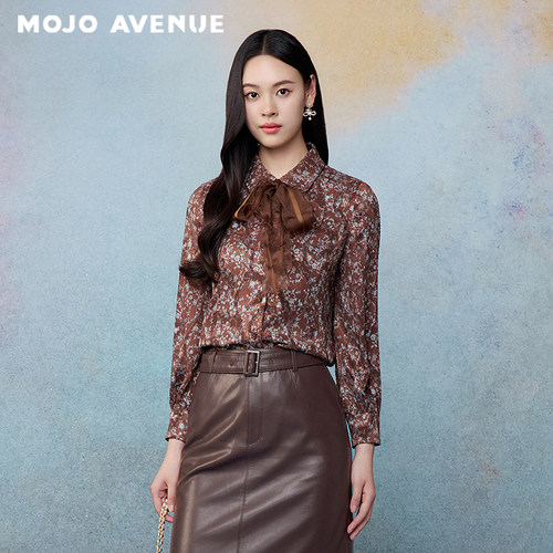 朗姿/MOJO秋新品2026田园风碎花长袖衬衫飘带蝴蝶结肌理感上衣