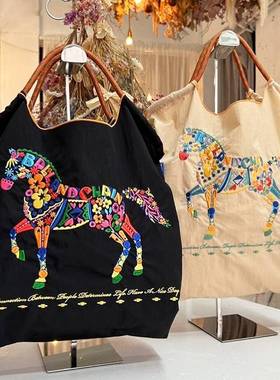 日本代购ballchain刺绣花朵马手提环保袋收纳斜挎购物袋大容量包