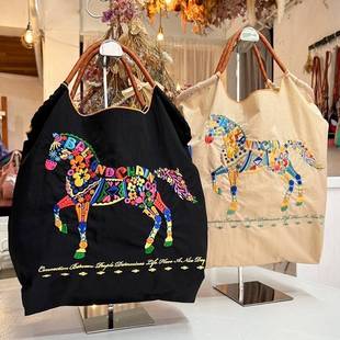 日本代购ballchain刺绣花朵马手提环保袋收纳斜挎购物袋大容量包
