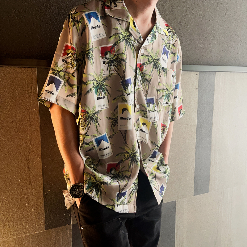 RH古巴领烟盒印花真丝短袖衬衫